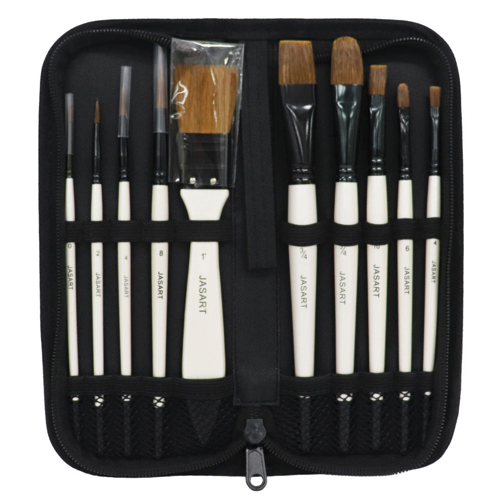 Jasart Natural Bristles Short Handle Brush Set - Pearl White (10 Pieces)