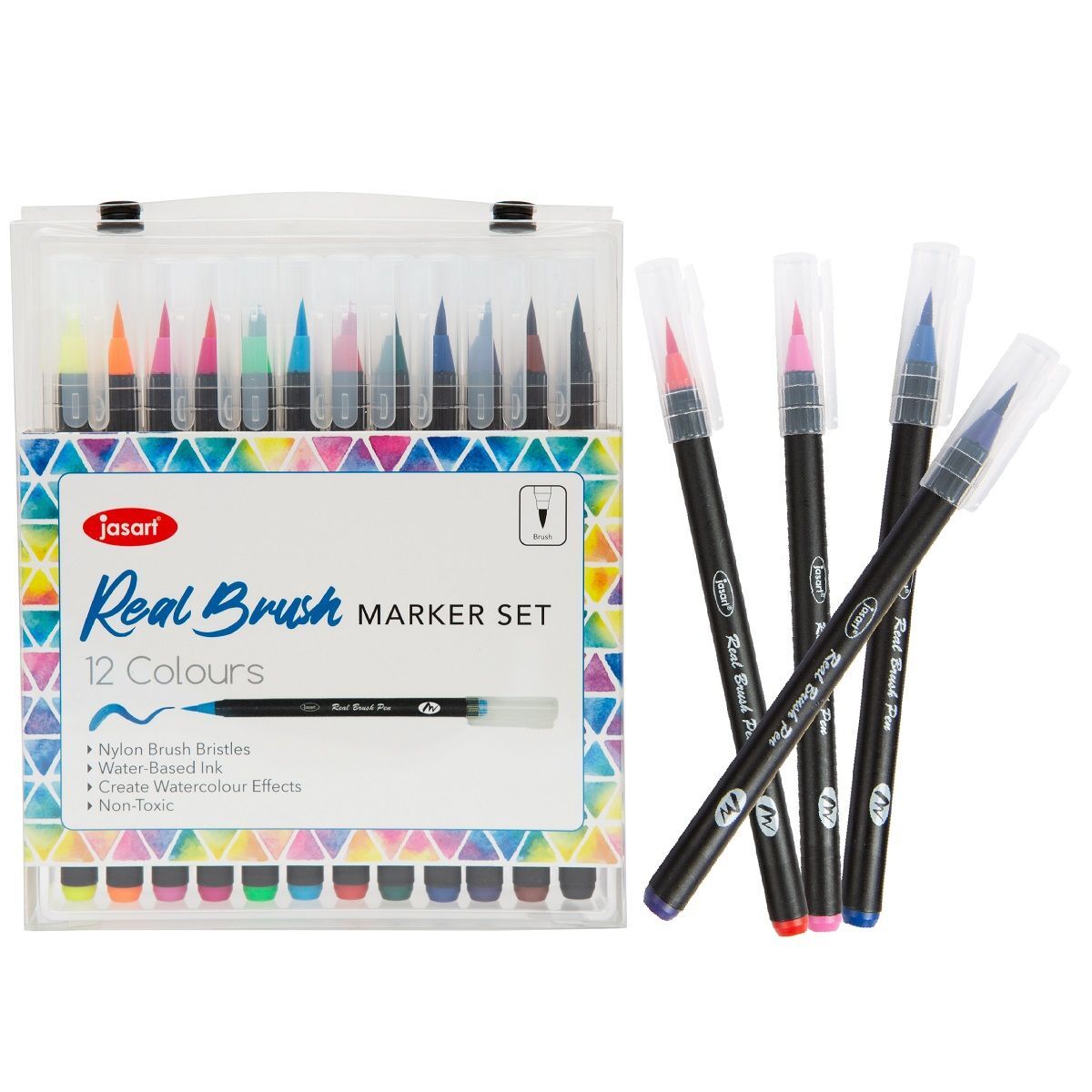 Jasart Water-Based Real Brush Marker Set Drawing School Stationery w/ Case (12 Pieces)