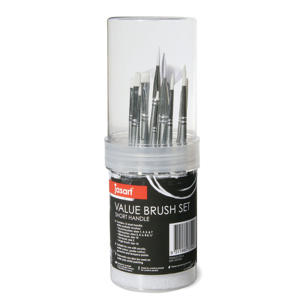 Jasart White Taklon Value Brush Birstles Set Short Handle w/ Storage Tube (12 Pieces)