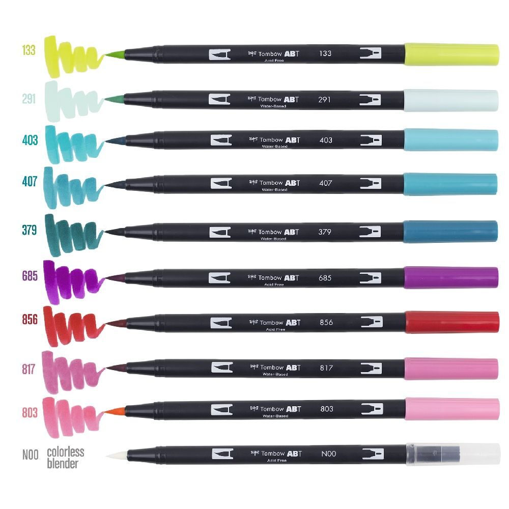 Tombow Dual Brush/Fine Pen Marker Water-Based Sketching/Drawing Set Primary (10 Pieces)