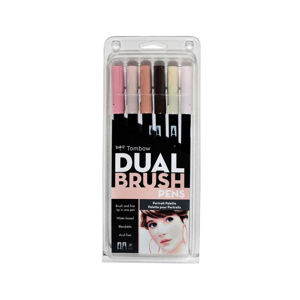 Tombow Dual Brush/Fine Pen Marker Water-Based Sketching/Drawing Set Portrait (6 Pieces)