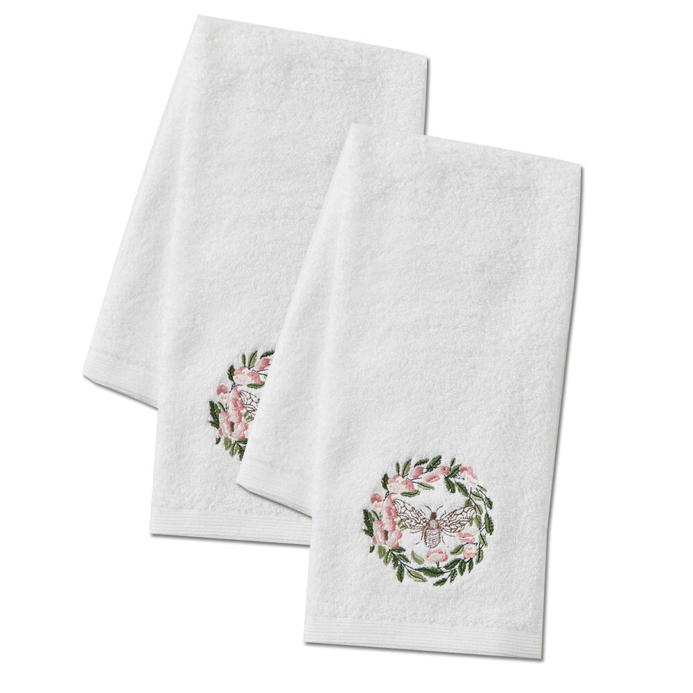 Pilbeam Living Floral Bee 65cm Cotton Hand Towel Absorbent Washer Cloth White (2 Pack)