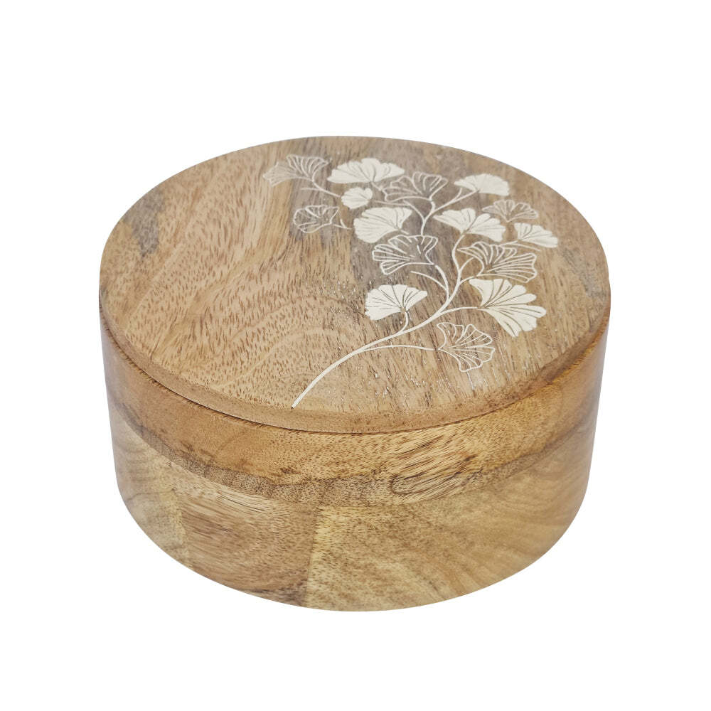 J. Elliot J.Elliot Home Ginkgo 15cm Round Mango Wood Trinket Box Storage Decor Natural