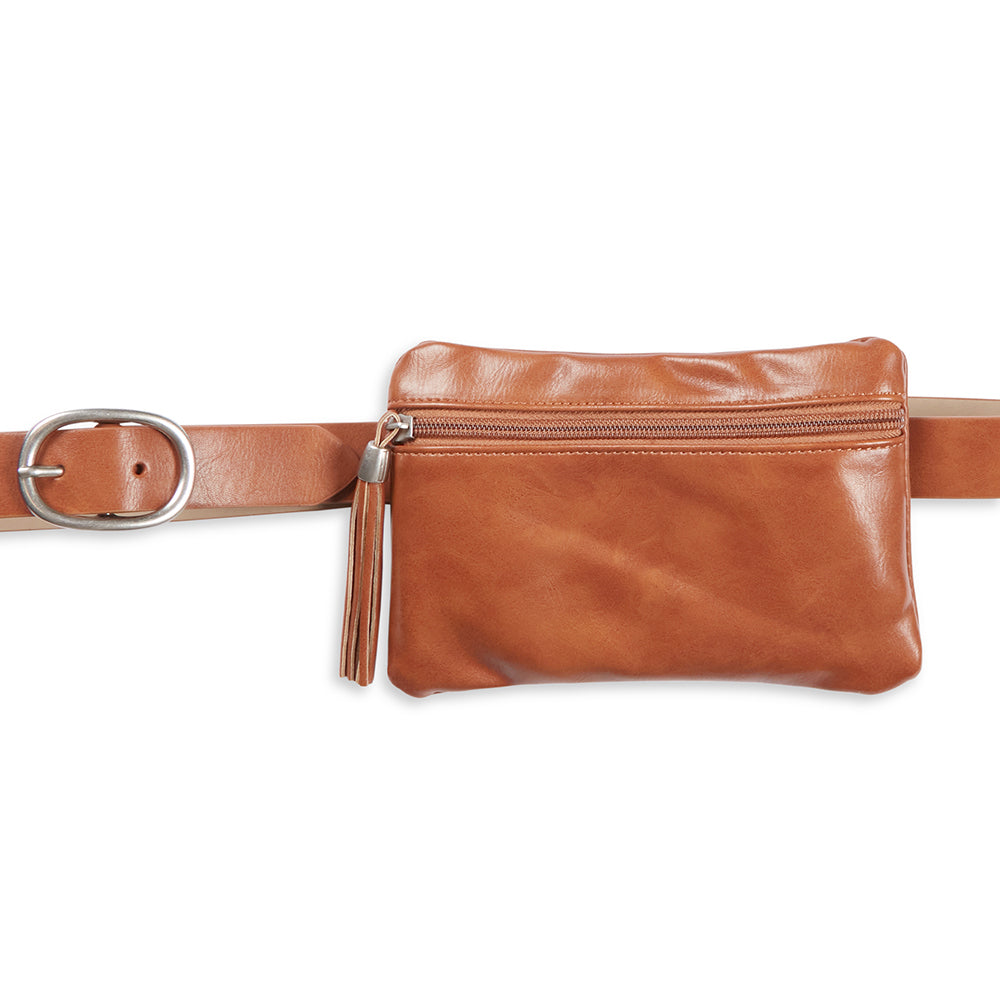Jessica Simpson Size L/XL Women's Fashion Hip Handbag On Belt w/Tassel Tan