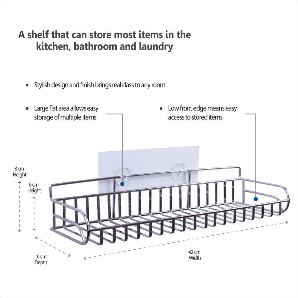 I-Hook 42cm Handy Shelf Stainless Steel Organiser Wall Bathroom Storage Silver — image 2