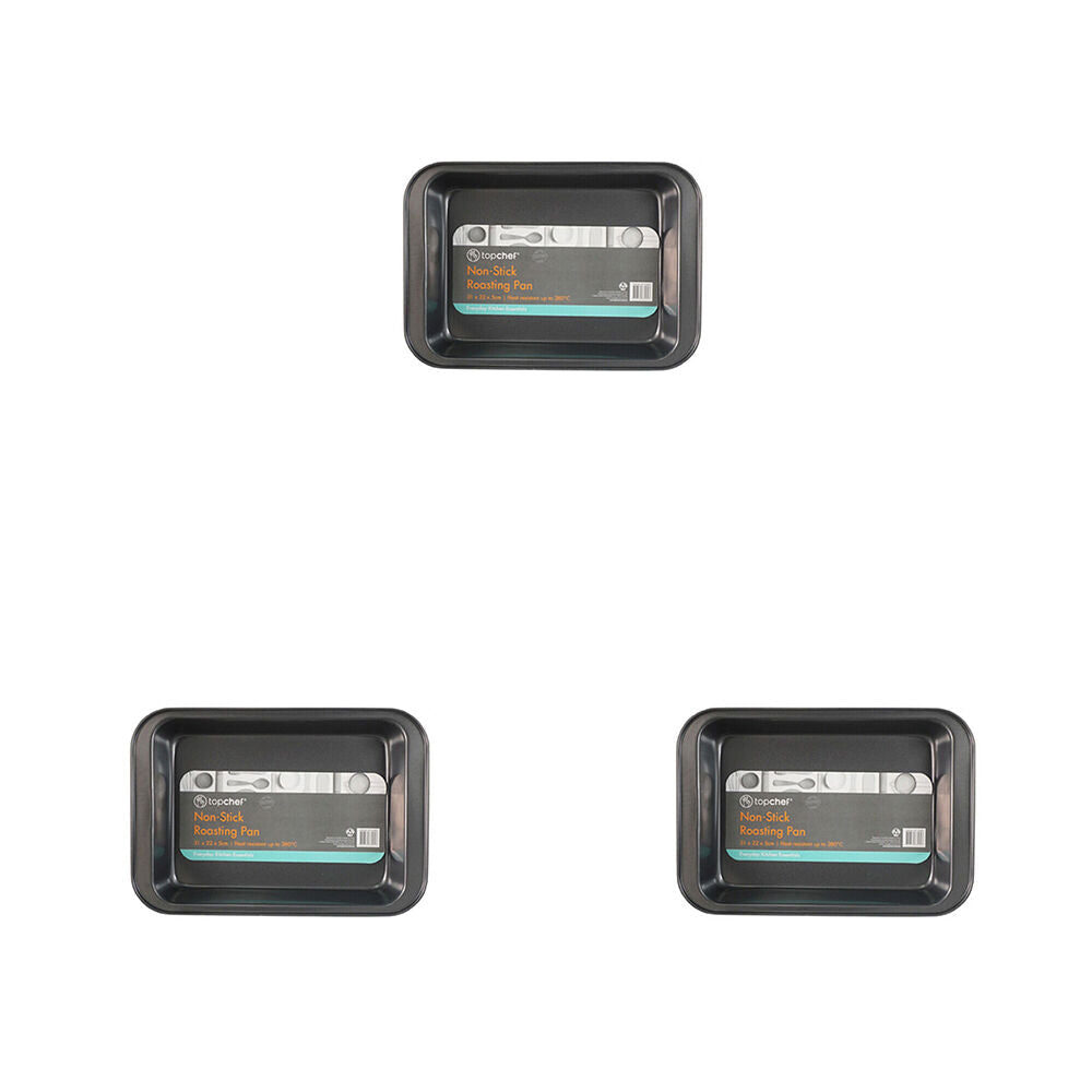 Topchef Non-Stick Roasting Pan Small 31x22cm Carbon Steel Baking Tray Black (3 Pack)