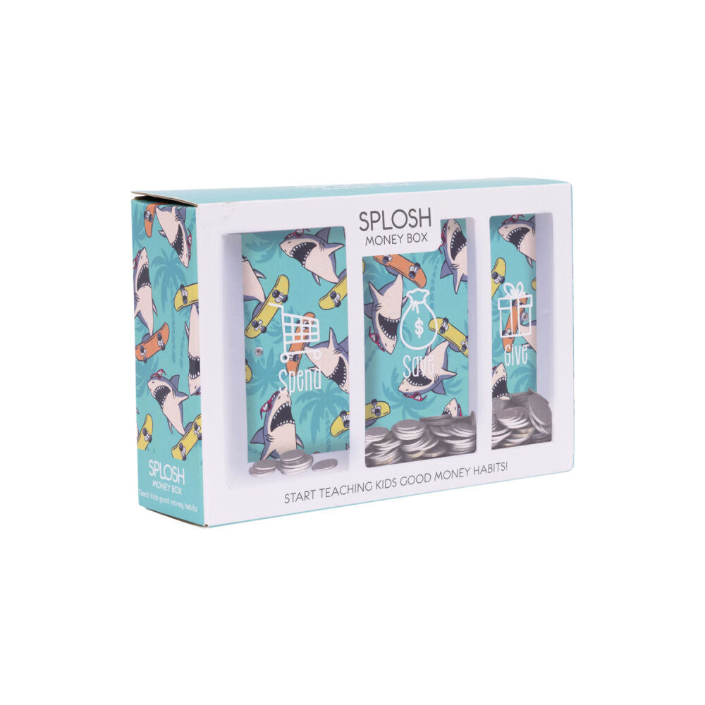 Splosh 20.5cm Rectangle Kids Shark Spend Save Give Money Box Piggy Bank