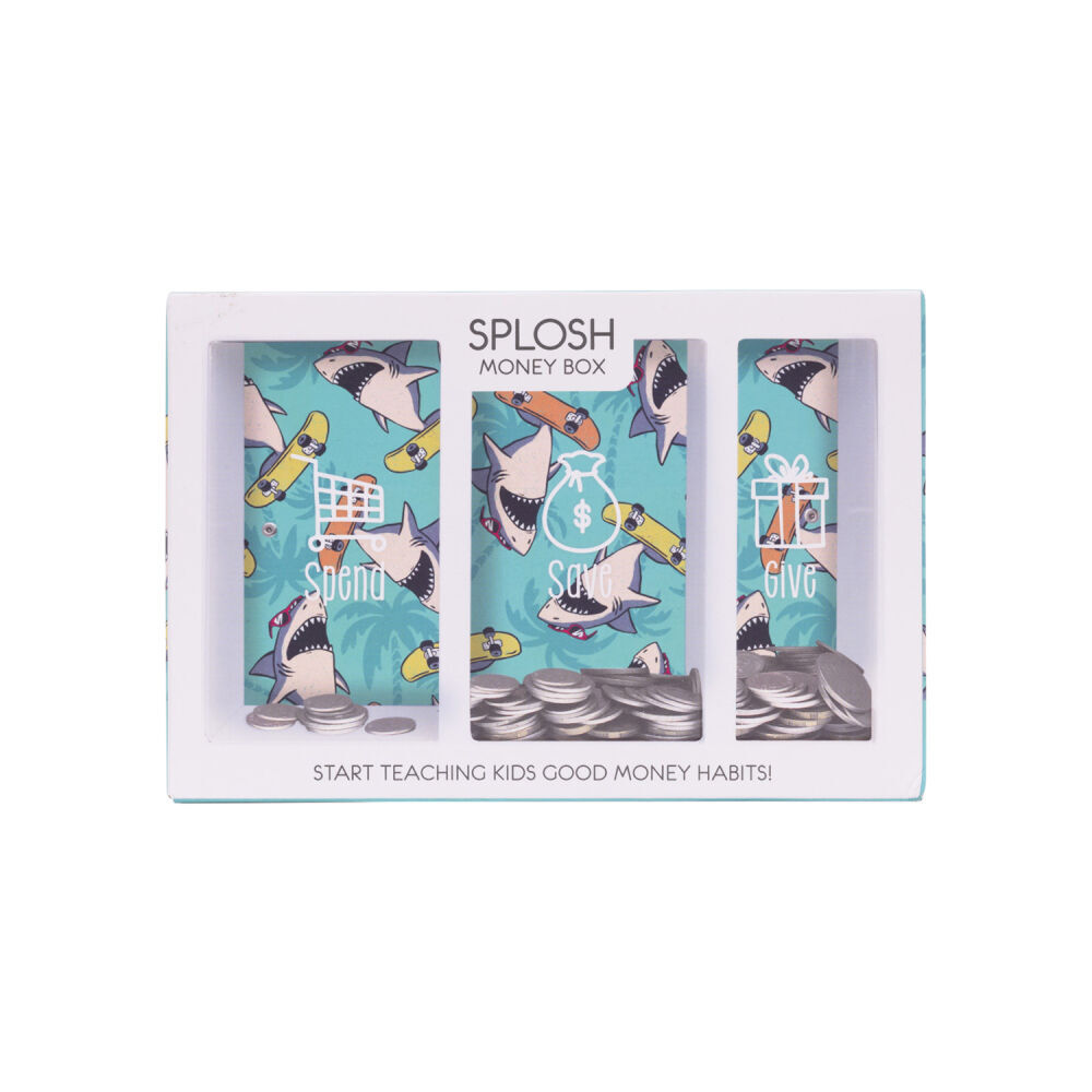 Splosh 20.5cm Rectangle Kids Shark Spend Save Give Money Box Piggy Bank — image 4