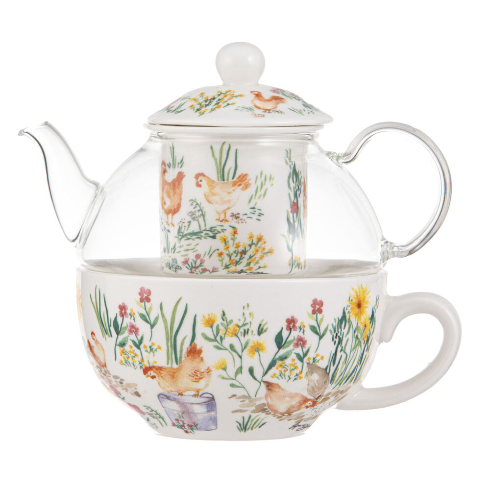 Ashdene 480ml Garden Hens Glass Top Tea For One Teapot Cup w/ Infuser