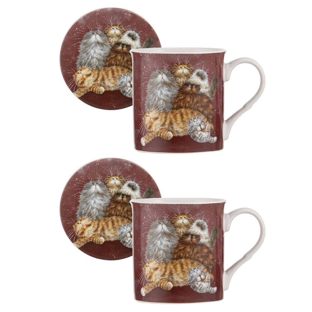 Ashdene Kim's Cats Friends Family New Bone China Mug & Coaster Set 330ml Red (2 Pack)