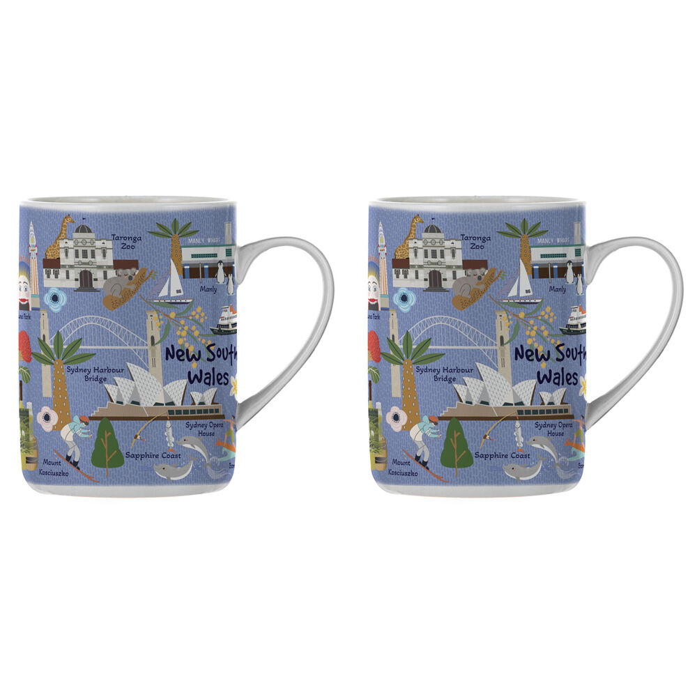 Ashdene Land Down Under NSW Bone China Drinking Mug Blue 370ml (2 Pack)