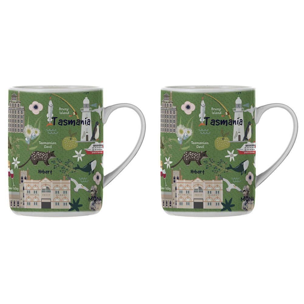 Ashdene Land Down Under Tas Bone China Drinking Mug Green 370ml (2 Pack)
