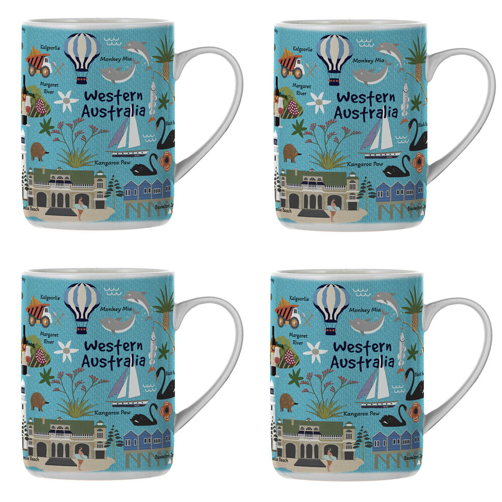 Ashdene Land Down Under WA Bone China Drinking Mug Blue 370ml (4 Pack)