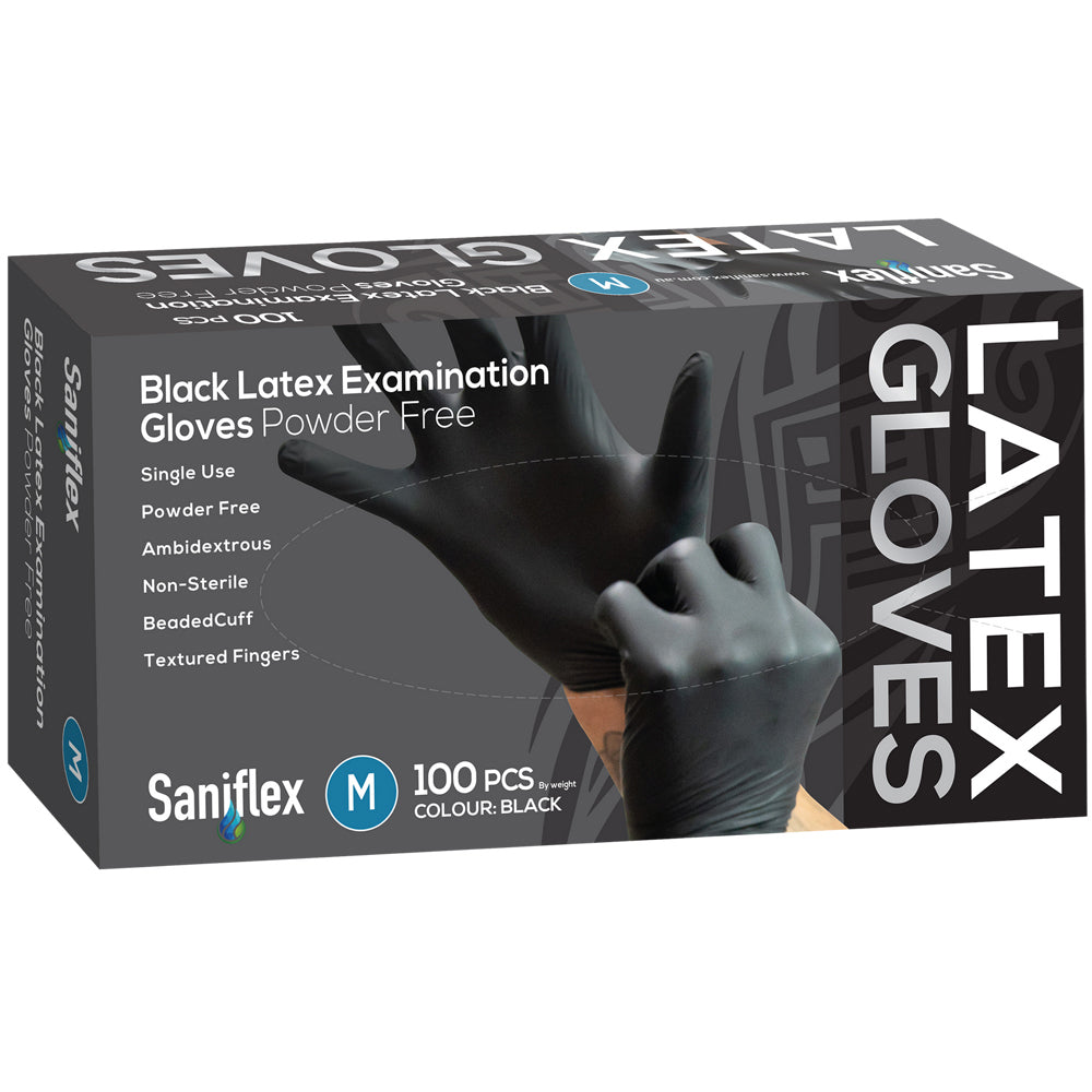 Saniflex Black Latex Powder Free Gloves- Size M Home cleaning Work PPE (100 Pieces)