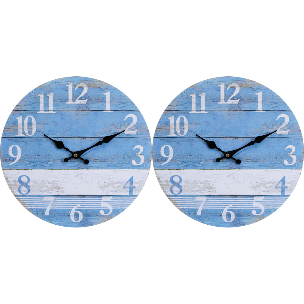 LVD Beach House Hanging Wall Clock Analogue 34cm Round Home/Office Decor (2 Pack)