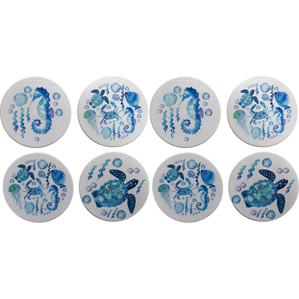 LVD Ceramic Coasters Home/Dining Table Protector Round 9x9cm Blue Sealife (8 Pieces)
