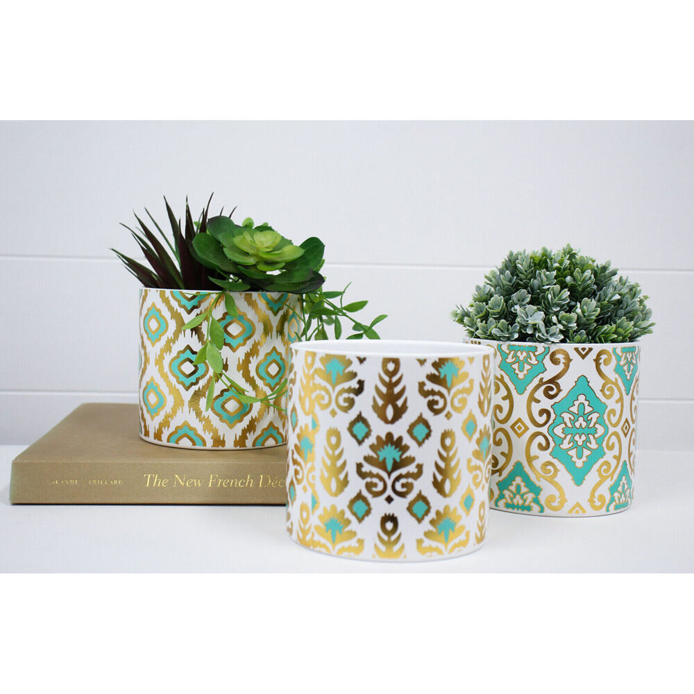 LVD 13x12cm Gold/Turquoise Ceramic Decorative Indoor Planter Pot Indie — image 2
