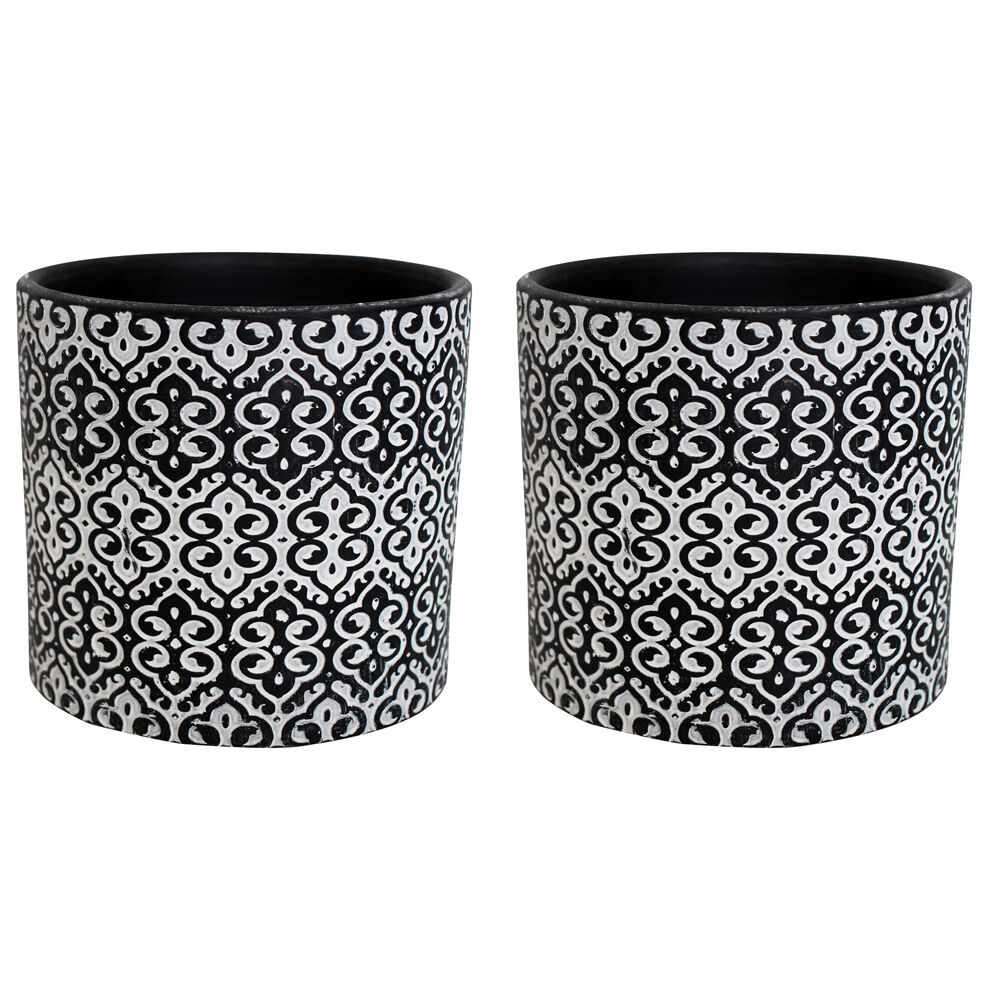 LVD Terracotta Ceramic Decorative Planter Scroll 13.5x12.5cm Black/White (2 Pack)
