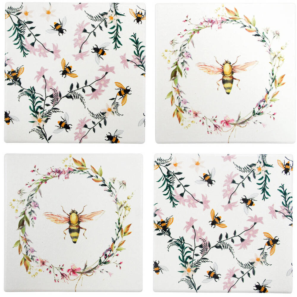 LVD Ceramic Coasters Square Kitchen/Tabletop Decor 9.5x9.5cm Pretty Bees (4 Pieces)