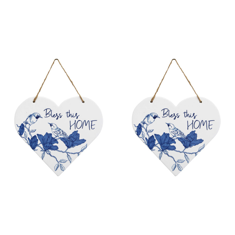 LVD Ceramic Heart Bless Home Hanging Decorative Sign 22x19.5cm Blue/White (2 Pack)