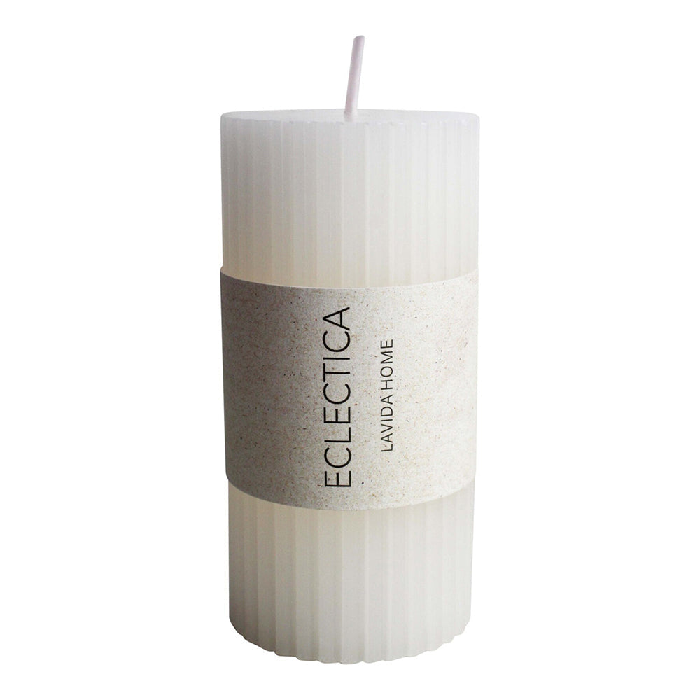 LVD Ribbed Scented Elegant 10cm Pillar Wax Candle Home Room Fragrance Decor White