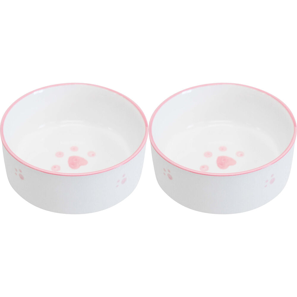LVD Ceramic Small/Medium Pet Drinking/Feeding Bowl 13x5cm Pink Paws (2 Pack)