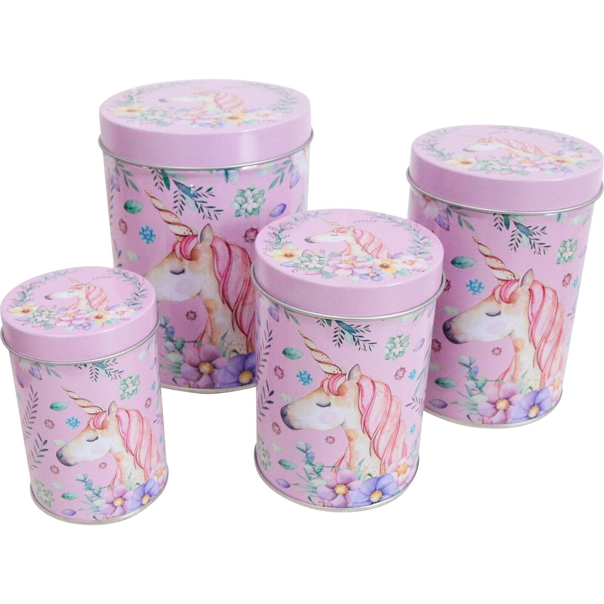 LVD Metal Tins Home Organiser Canister Storage Container Cylinder Unicorn (4 Pieces)