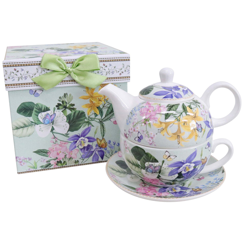 LVD Ceramic Tea Pot/Cup/Saucer Set w/ Box Garden Florals Kitchen Drinkware