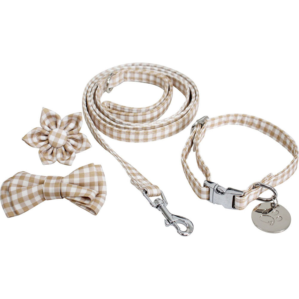 LVD Lavida Polyester/Metal Pet/Dog S-M Strap Collar & Accessories Set Check Beige