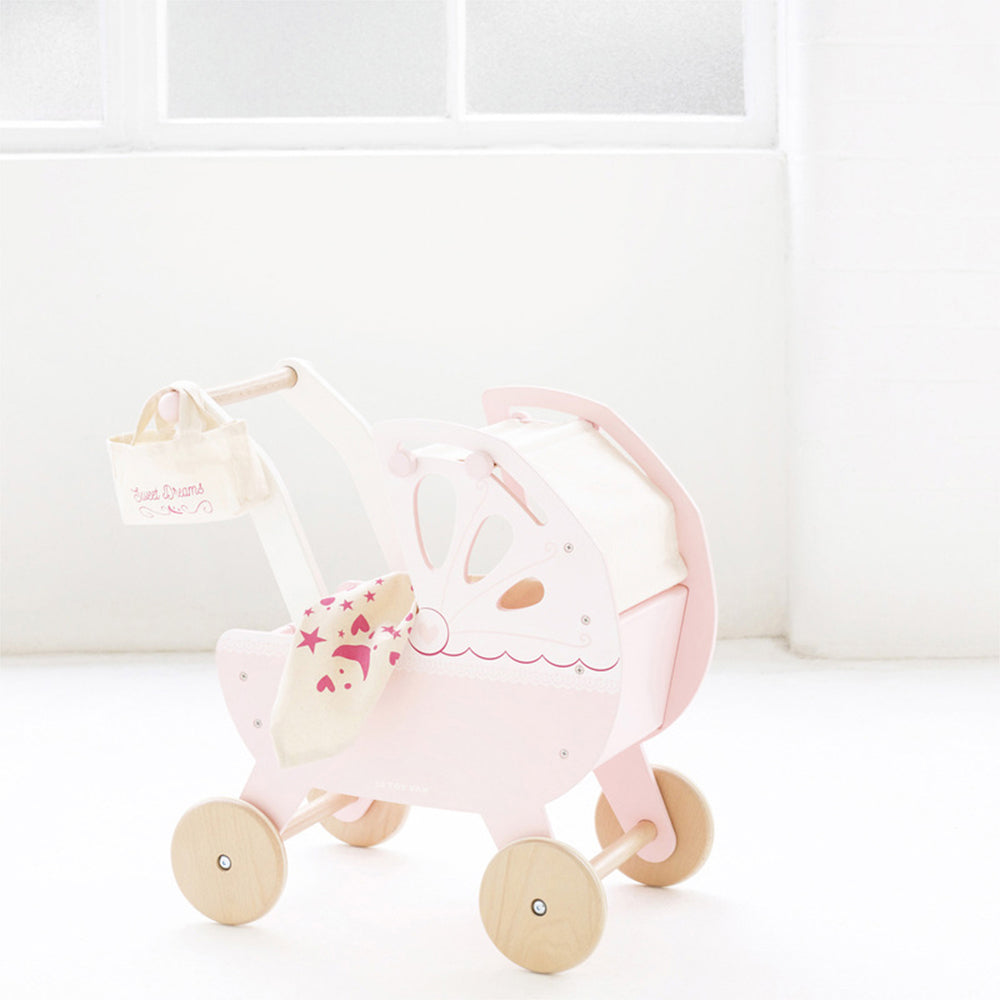 LE Toy Van Honeybake 46cm Sweet Dreams Pram Wooden Toy Pretend Play Kids 3+ Pink