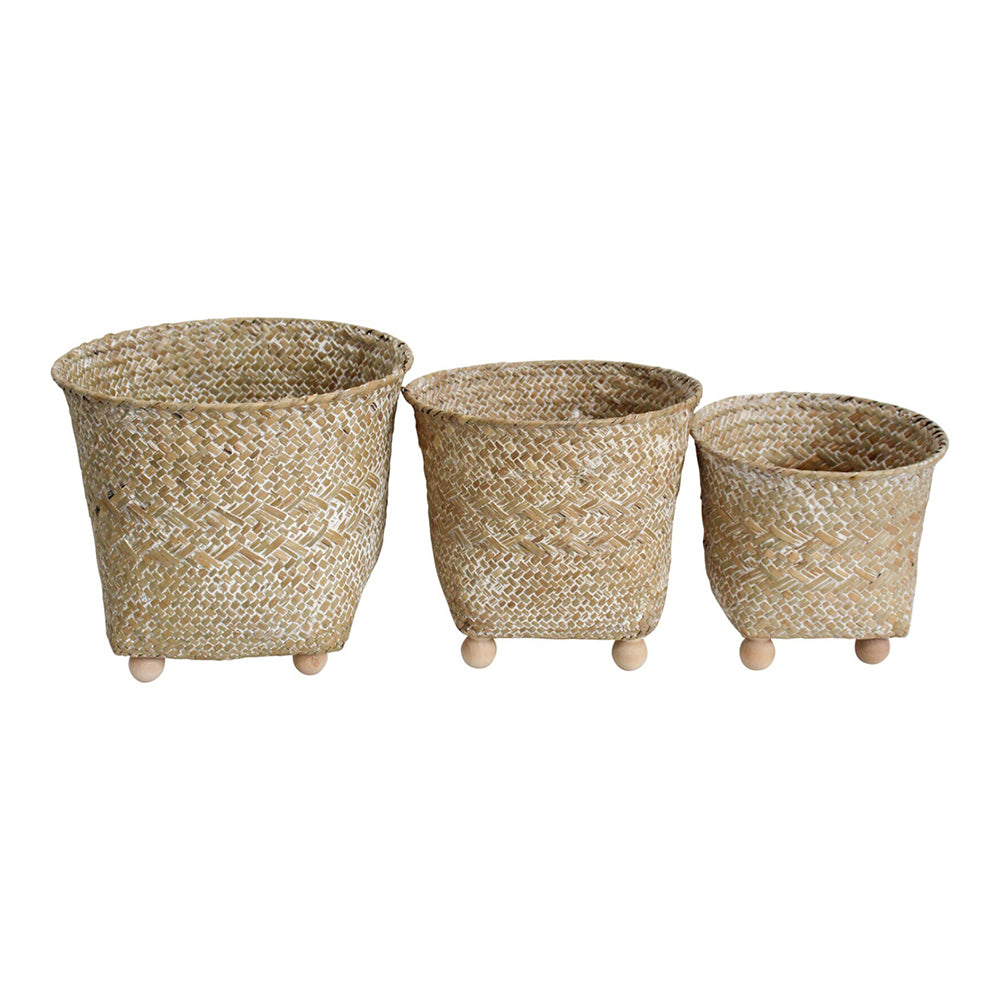 LVD Woven Straw/Wood 17/20/24cm Foot Planter Set Home Storage Decor Natural (3 Pieces)