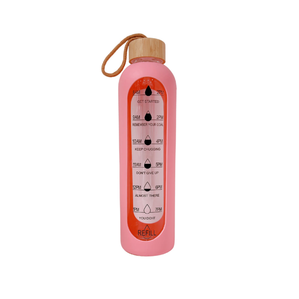 Kuvings Pink 1L Motivational Sports Bottle with Bamboo Lid & Silicone Sleeve