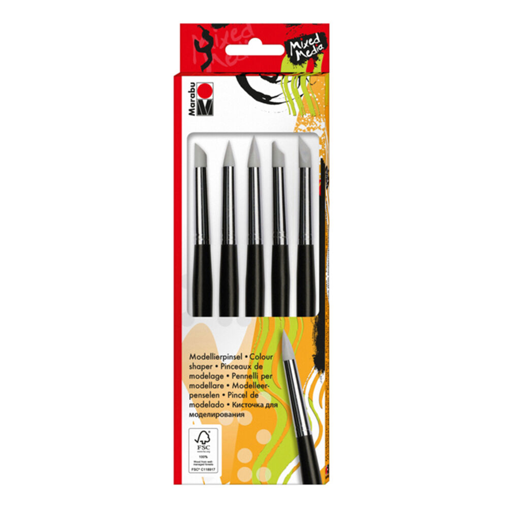Marabu Colour Shapers Round, Flat & Angled Silicone Tip Brush Set Black (5 Pieces)