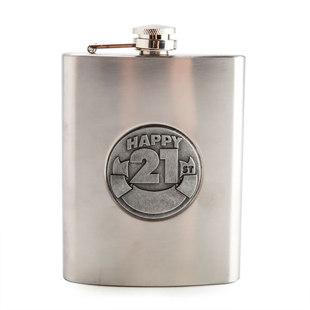 Mdi 21st Birthday 8oz Stainless Steel Zincalume Engravable Whiskey Flask
