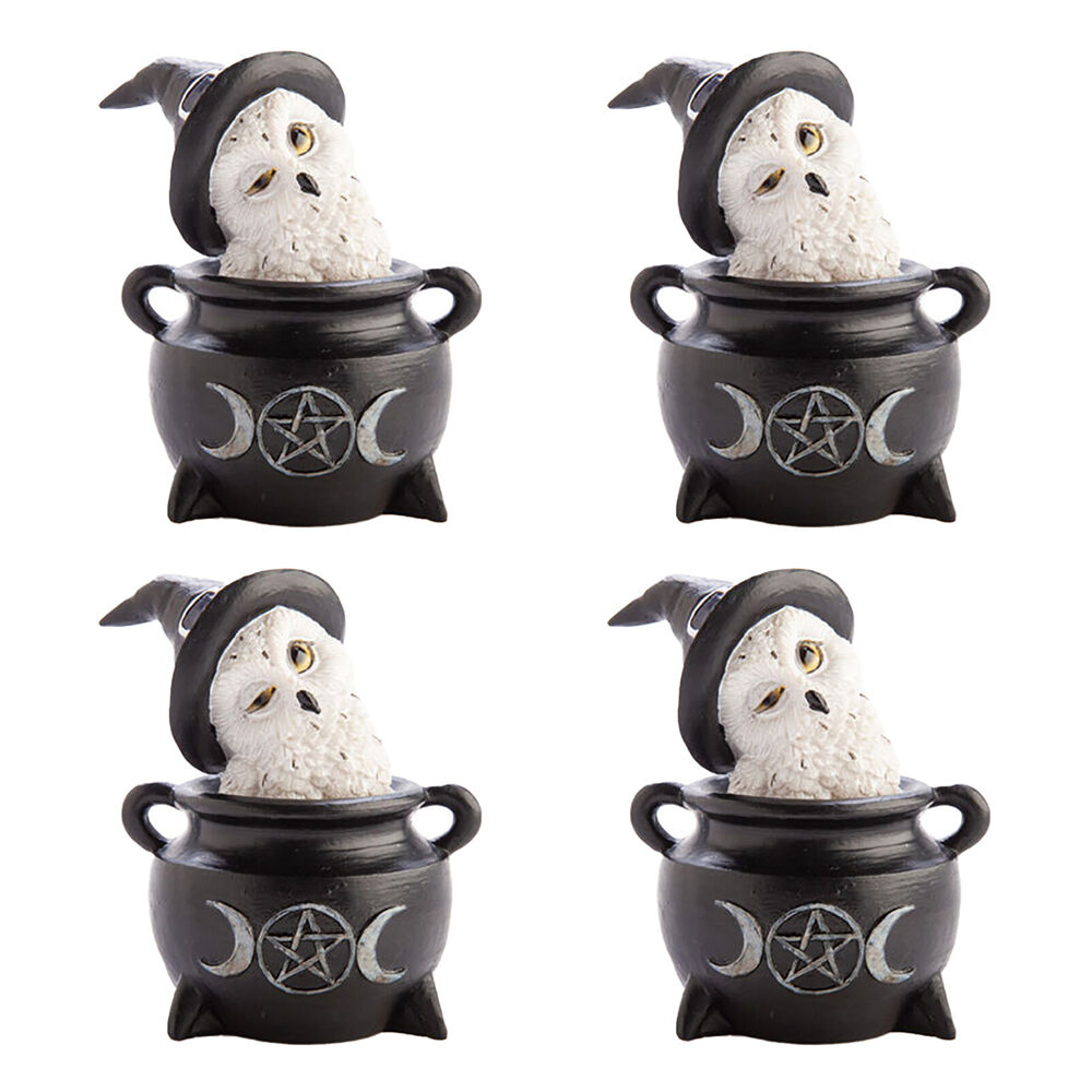 Mystical Worlds Snowy Owl Cauldron Figurine Ornament Home Decor 7.7x10cm (4 Pack)