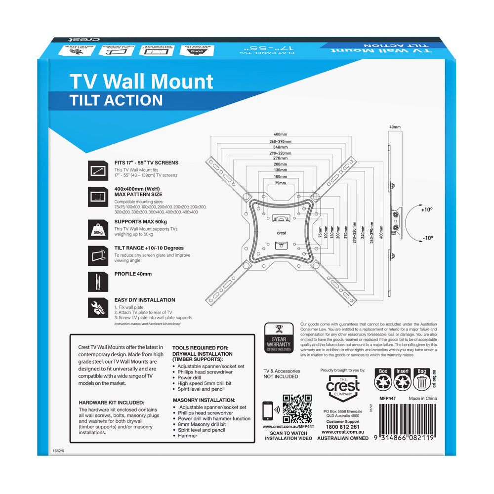 Crest Tilt Action Wall Mount Bracket For 17"-55" Flat-Screen TV Adjustable Black — image 5