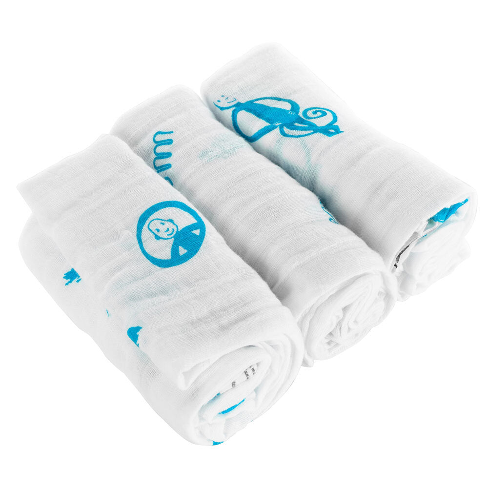 Matchstick Monkey 70cm Organic Cotton Muslin Baby/Infant Child Blanket (3 Pack) — Blue