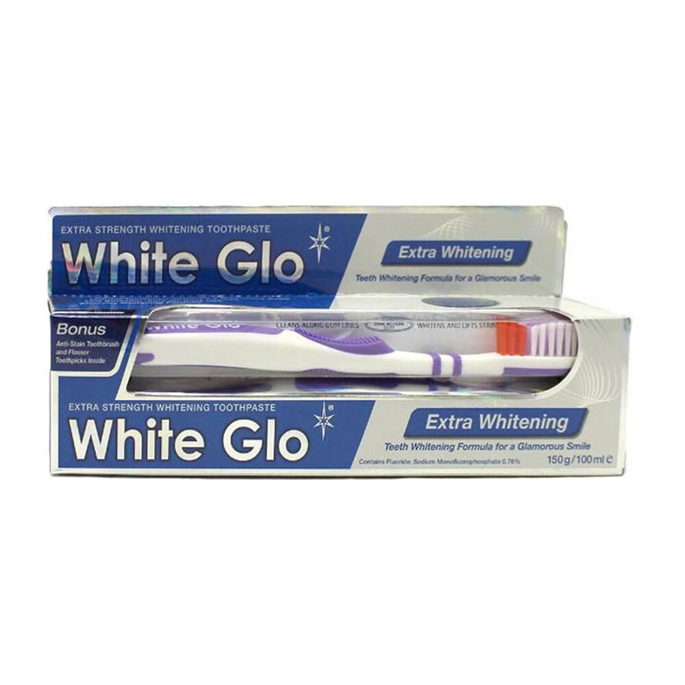 White Glo Extra Whitening Toothpaste & Toothbrush Dental Care Set 150g (2 Pieces)