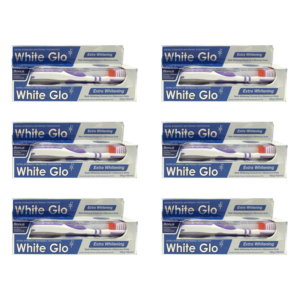 White Glo 2pc White Glo Extra Whitening Toothpaste & Toothbrush Dental Care Set 150g (6 Pack)