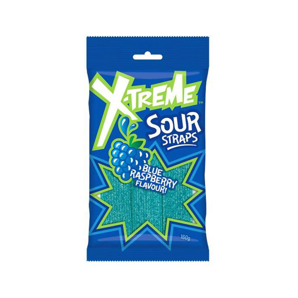X-Treme 160g Fruit-Flavoured Sour Blue Raspberry Straps Lollies Candy
