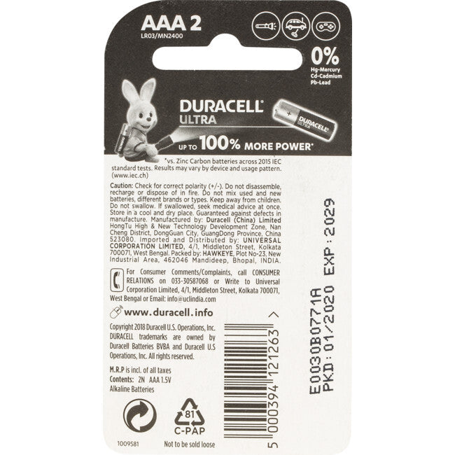 Duracell Ultra AAA Alkaline Battery 1.5V Multi Purpose f/ Clocks/Toys/Radios (2 Pieces) — image 2