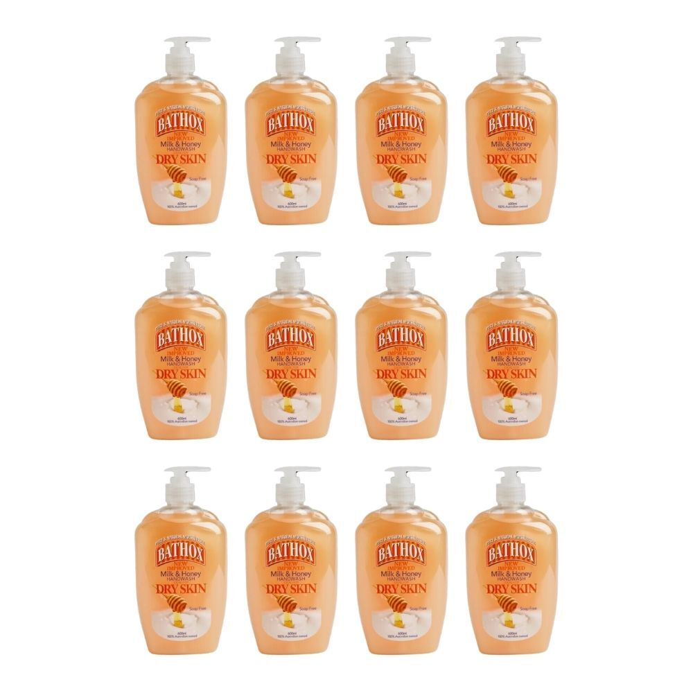 Bathox Handwash Liquid Pump Milk & Honey 600ml Nourishing For Dry Skin (12 Pack)