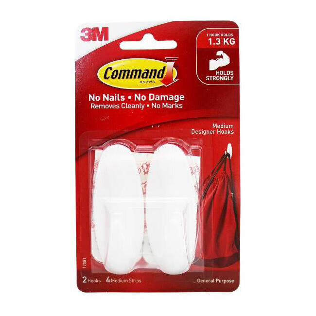 3M Command No Nail Medium Designer Hanging Wall Hook Holds 1.3kg White (2 Pieces)