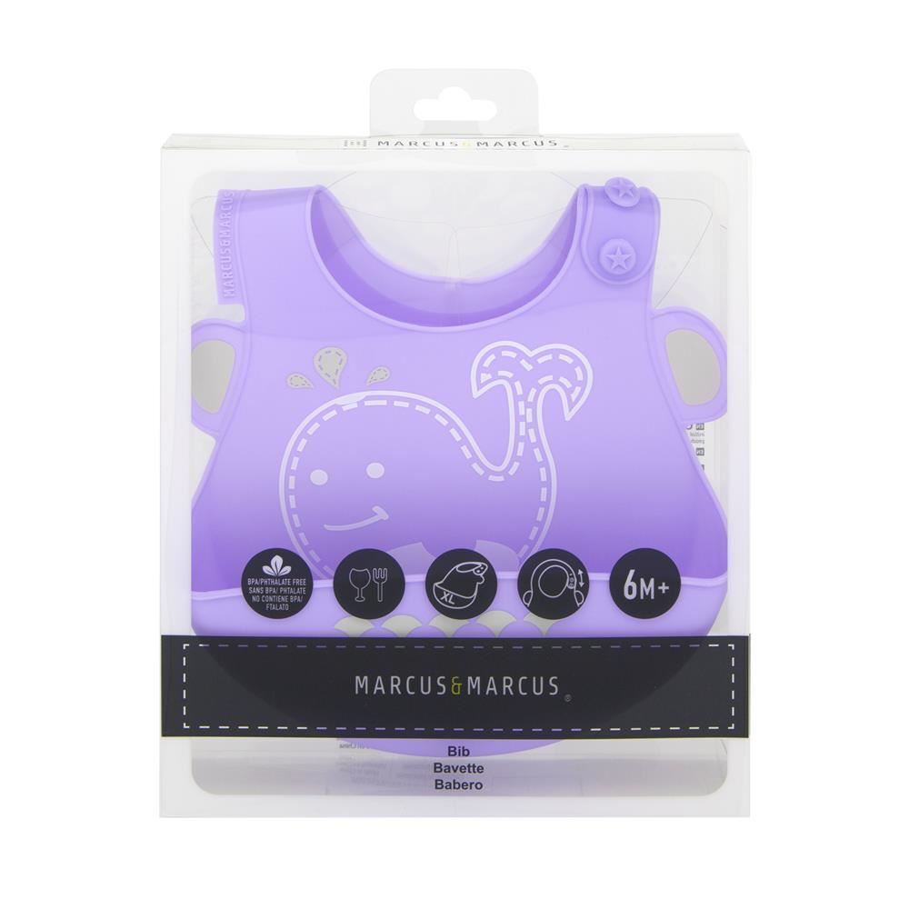 Marcus & Marcus Baby Bib Willo Whale Soft Silicone w/ Crumb Catcher 6m+ Lilac — image 2