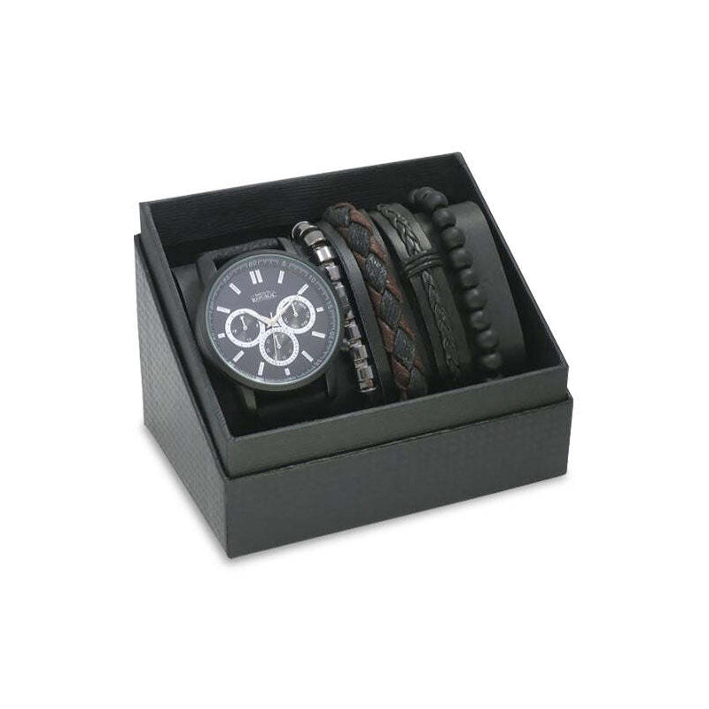 Men's Republic Stylish Modern Watch Set With 4 Bracelets Gift Set Black (5 Pieces)