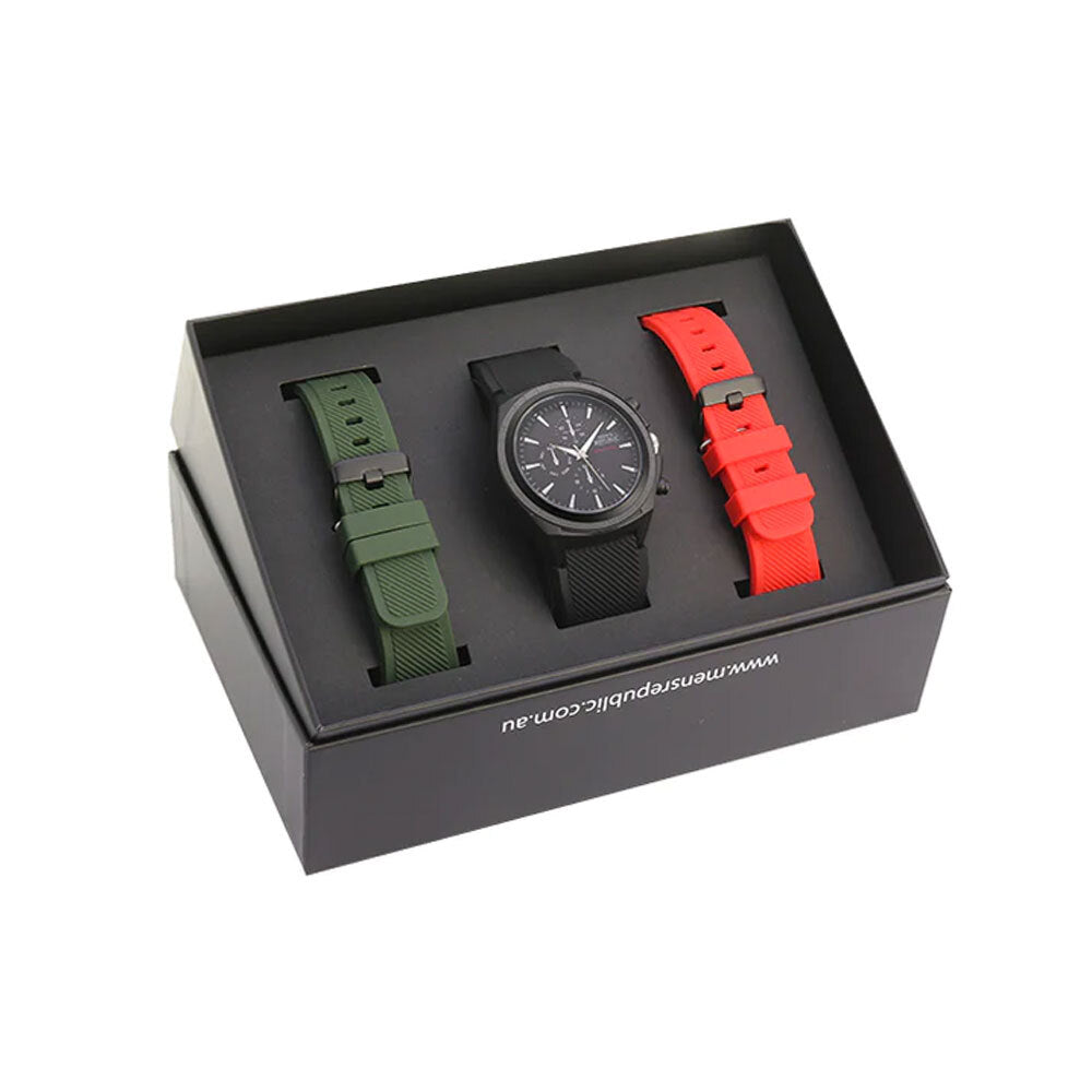 Men's Republic Watch Set w/ Versatile Replaceable Red/Green Bands - Gun Metal