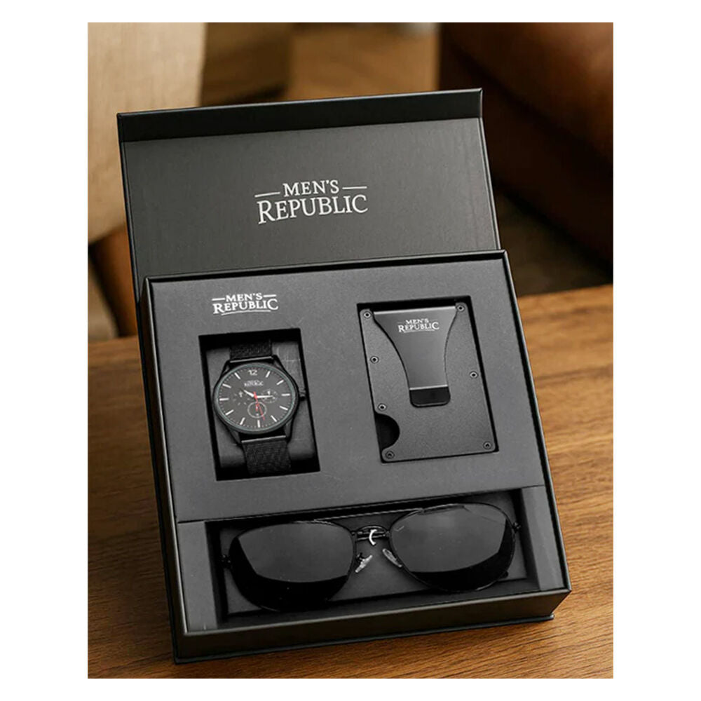 Men's Republic Sunglasses Watch Set with Card Wallet and Quartz - Black — image 4