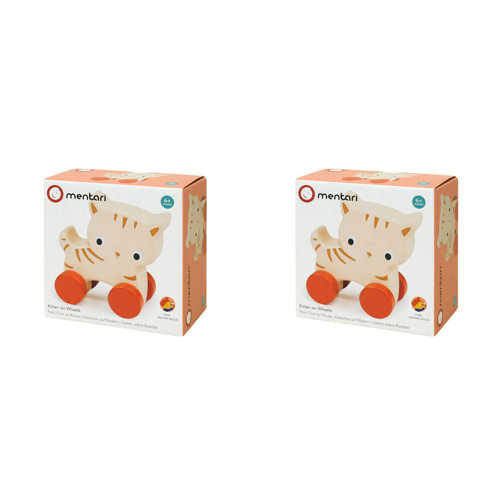 Mentari Kitten On Wheels Pull Along Kids/Children 11cm Play Wooden Toy 6m+ (2 Pack)