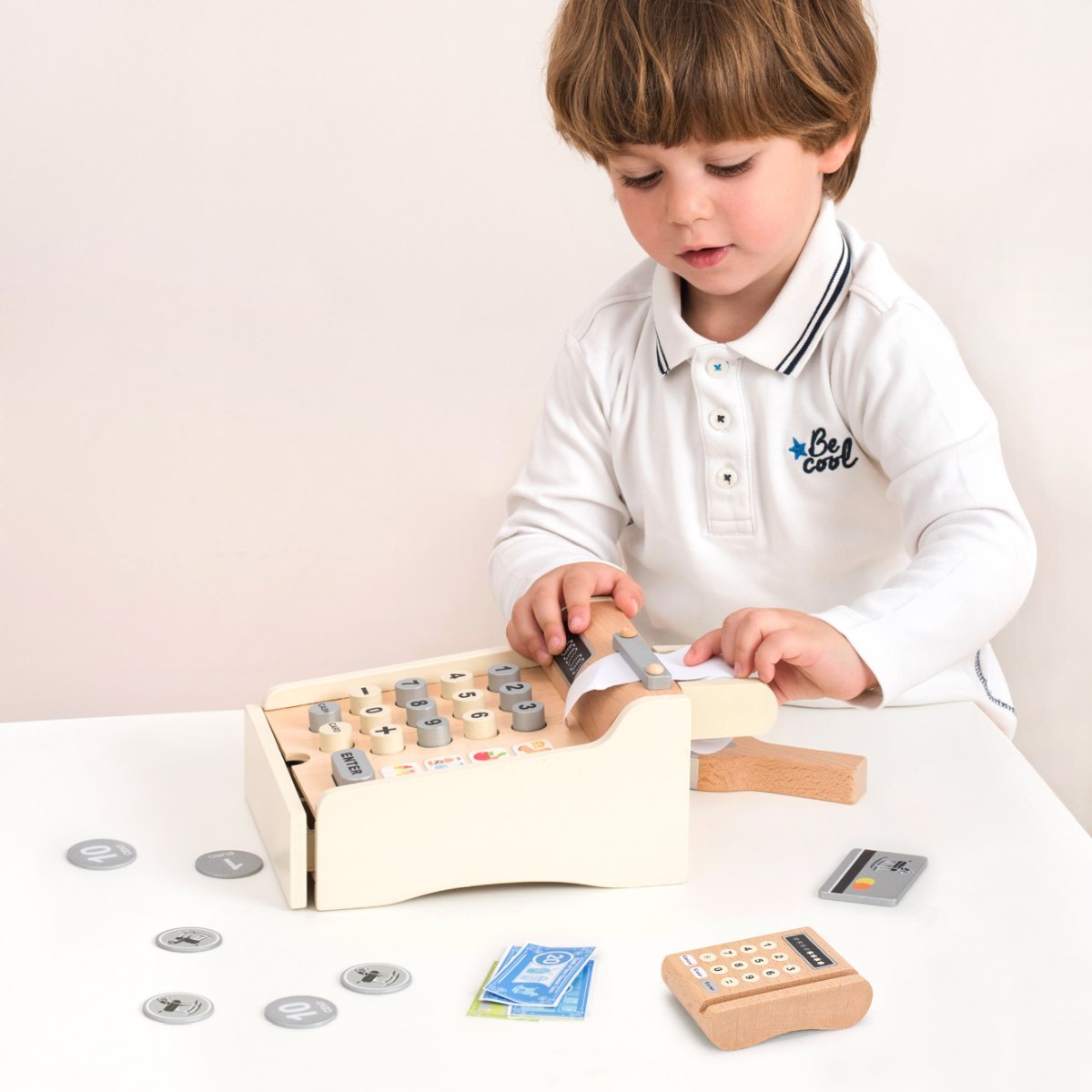 New Classic Toys Cash Register Wooden Toy Kids Fun Pretend Play Set White 3+ — image 2