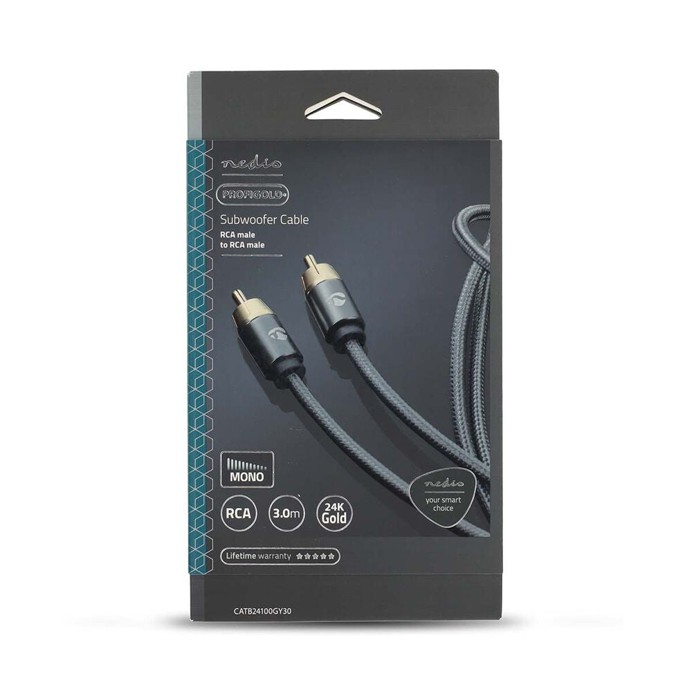 Nedis Subwoofer Braided Nylon Cable RCA Male to RCA Male Audio Cable 3m Grey